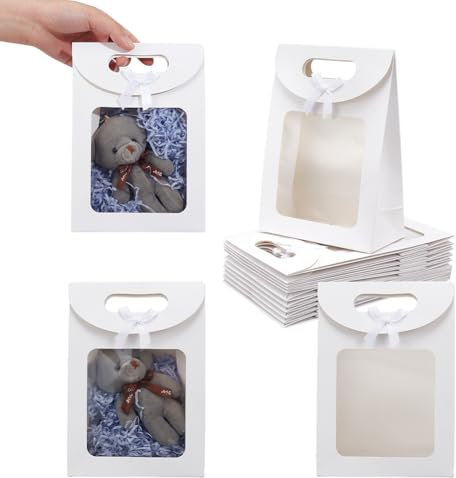 NBEADS 12 pz Sacchetti di Carta Kraft con Finestra, Sacchetto Regalo Stand Up Da 14x7x19.5cm con Finestra Trasparente per Imballaggio Matrimonio Festa di Natale Negozio Al Dettaglio, Bianco