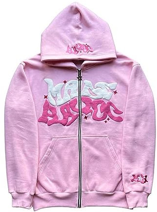ZENMANCHEN Y2k Hoodies Puff Print Hoodie Grunge Graphic Zip Up Hoodies Y2k Jacket Hip Hop Streetwear Aesthetic Sweatshirts, 1-pink, Medium