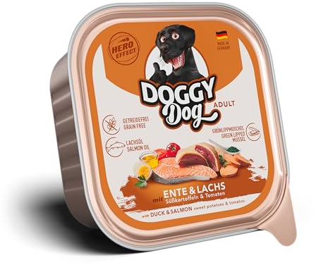 DOGGY Dog Paté Ente & Lachs, 10 x 150 g, Nassfutter für Hunde, getreidefreies Hundefutter mit Lachsöl und Grünlippmuschel, Alleinfuttermittel mit Süßkartoffel und Tomate, Made in Germany