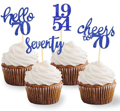 24 Pcs Glitter 70th Birthday Cupcake Toppers for Celebrating 70th Birthday Party Decorations for Seventy Years Old Birthday Party Supplies (Blue)