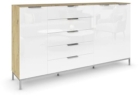 Rauch Möbel Flipp, Kommode mit Stauraum für Wohnzimmer, Schlafzimmer, 4 Böden, mit Metallkufe chrom, Eiche Artisan/Glasfront Weiß, Holz, 3-türig, Glastüren, 5 Schubladen, Griffe chrom, 199x111x42cm
