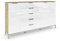 Rauch Möbel Flipp, Kommode mit Stauraum für Wohnzimmer, Schlafzimmer, 4 Böden, mit Metallkufe chrom, Eiche Artisan/Glasfront Weiß, Holz, 3-türig, Glastüren, 5 Schubladen, Griffe chrom, 199x111x42cm