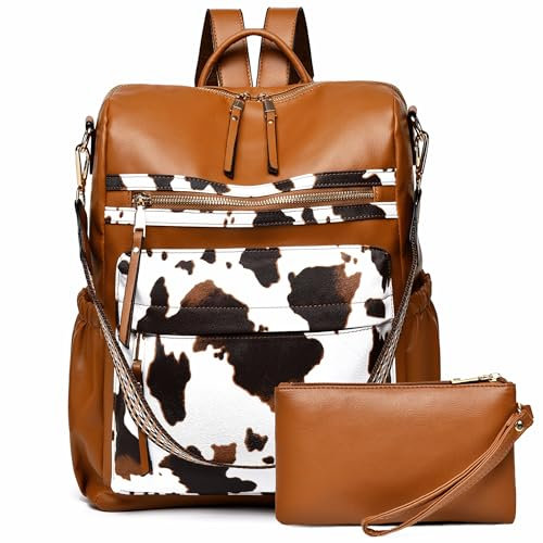 Dora & Liz Damen-Rucksack, Geldbörse, modisch, Leder, Designer-Stil, wandelbar, Reisen, College, Schultertasche mit buntem Riemen, Kuh, 2er-Pack, Medium, Casual