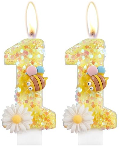 Flower Birthday Candles, Number 11 Candles with Bee for Cake, Girls 11th Birthday Decorations, Yellow Glitter Birthday Candles, Honeybee Cake Candles Toppers for Girls Baby Birthday Party Decorations