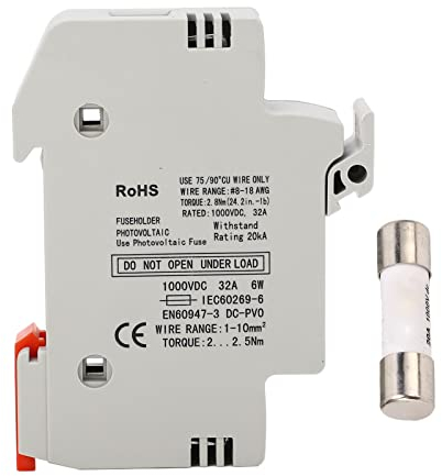 Solar Sicherungshalter Hutschiene 1P 32A DC 1000V Zylindrischer Sicherungshalter Sockel mit 20A Photovoltaik Sicherung, Kunststoff PV Sicherungshalter für Kurzschlussschutz