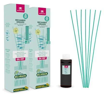 CRISTALINAS | Pack 2 Recambio Ambientador Hogar Mikado + Cañas | Aroma Brisa Marina | Ideal para casa y oficina | 100% Puro | Larga Duración 12 Semanas | 85ml | 0% Alcohol