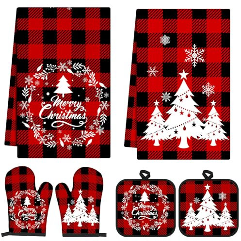 Jingmore 6 Pcs Winter Kitchen Decor Set Winter Kitchen Towels Oven Mitts and Pot Holders Snow Dish Towels Trucks Gnomes Snowmen Oven Mitts and Pot Holders for Baking(Christmas Tree Style)