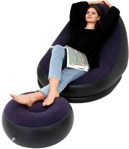 Refluxe Aufblasbarer Loungesessel mit Fußhocker, faltbares, tragbares Sofa, Liegestuhl für Outdoor-Reisen, Camping, Wohnzimmer, Schlafsofa. (Dark)