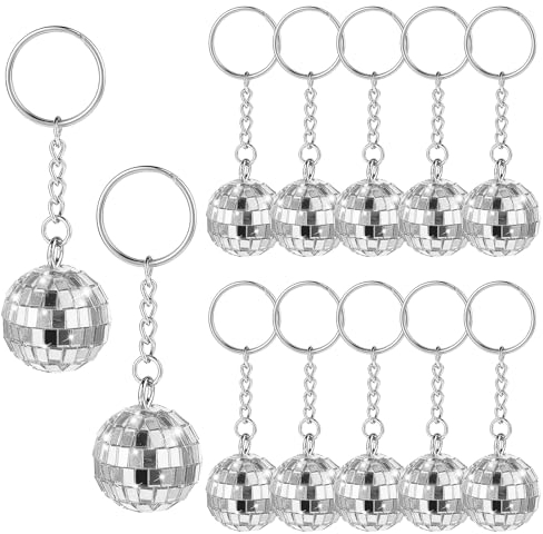12 Pièces Boule Disco Décoration Boule Miroir Pendentif Clé DIY Porte clés Années Boules Disco Argentées à Suspendre1970 Ensemble Cadeaux de Fête pour Halloween Fête de Noël Mariage Maison