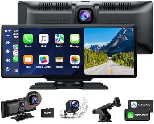 Volam 9.26 Zoll Carplay Display mit 2.5K Dashcam Auto Vorne,1080P Rückfahrkamera, Wireless A-pple Carplay Android Auto, Mirror Link, Navigation, G00gle,Siri, FM,AUX, Loop Recording, 64G SD-Karte