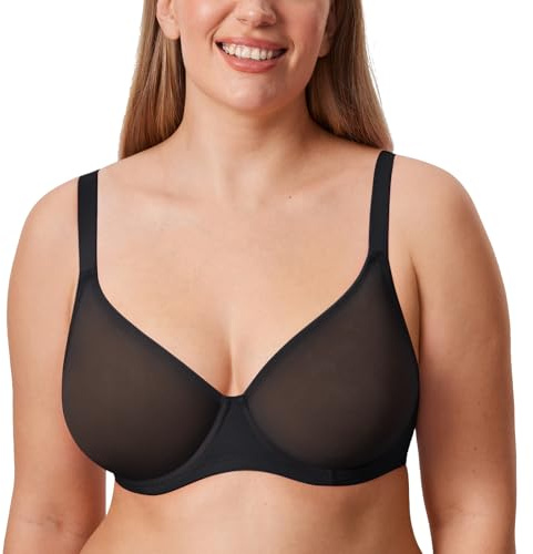 DELIMIRA Women's Cosnufy Sheer Mesh Bra Full Coverage Plus Size Plunge Unlined Underwire Bras Black 38DD