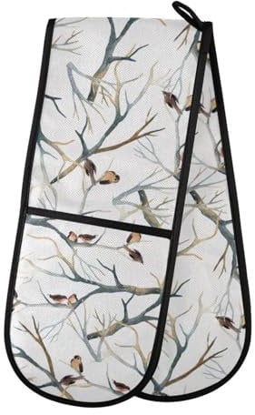 Double Oven Gloves Heat Resistant Watercolor Bird Double Oven Mitts Pot Holder Heat Protection Oven Gloves for Home Kitchen Baking Cooking BBQ Microwave