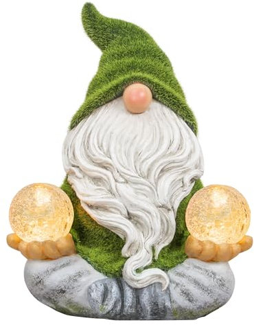 TERESA'S COLLECTIONS Lustige Gartenzwerge Gartendeko für Draußen Gartenfiguren Wetterfest Figur Yoga Zwerg Beflockte mit Zwei Glaskugel Solarleuchte Gartenwichtel Gartendeko 20cm