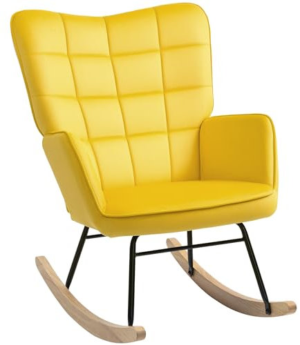 HOMCOM Schaukelstuhl, Schaukelstuhl, Samtbezug, Stillsessel, Schaukelstuhl, Stahlgestell, Beine aus Massivholz, gelb