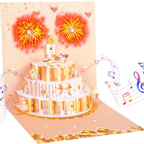 Geburtstagskarten, Pop-Up-Lichter und Musik, Happy Birthday-Karte, Geburtstagsgeschenke für Frauen, Männer, Ehemann, Ehefrau, Kinder, Grußkarten mit Umschlägen (Feuerwerk, Gold)