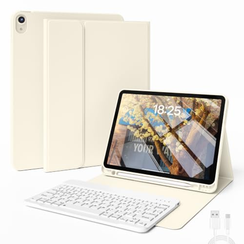 JKSML Hülle mit Tastatur für iPad (A16) 11./10.Gen 11/10.9 Zoll (2025/2022) | Soft TPU Rückschale mit Stifthalter, Abnehmbarer Bluetooth Tastatur, QWERTZ Layout, Creme