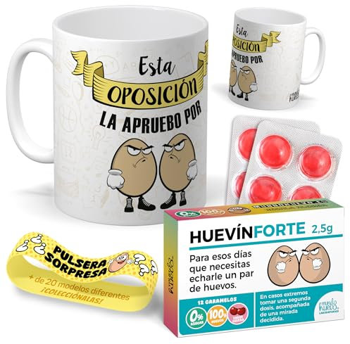 Kit regalo personalizado para opositores | Taza Esta oposición la apruebo por huevos + Caramelos divertidos + Pulsera sorpresa | Regalo divertido, original y único para oposicion, cumpleaños, navidad.