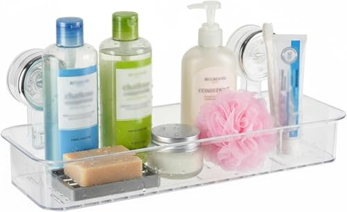 Punorric Shower Caddy Suction Clear Plastic Shower Shelf, No-Drilling Suction Bathroom Shelf with Draining Holes Wall Mounted Bath Storage Bathroom Accessory Organiser for Shampoo Soap Toiletries