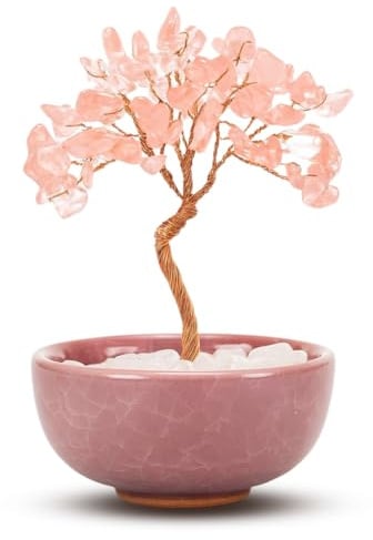 JYNVO Albero della Vita di Quarzo Rosa - Cristallo Portafortuna, Deko Feng Shui con Base di Pietra, per Reiki, San Valentino, Compleanno & Donne