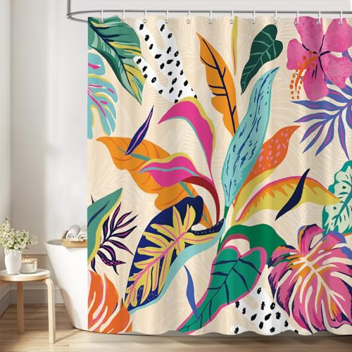 Dazzlewall Duschvorhang Abstrakte Tropenblumen 180 x 180 cm, Bunte Blätter Blumen Badevorhang für Badzimmer Wasserdicht Schimmelresistent Polyester Stoff mit 12 Haken