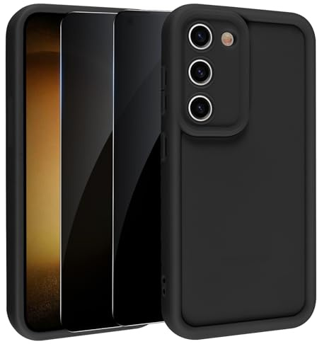 Pnakqil Cover per Samsung S23 Custodia e 2 Pezzi Privacy Pellicola Vetro, Sottile Silicone Morbido TPU Case per Fotocamera Protettiva, Antiurto Anticaduta Protezione Militare Cover per S23， Nero