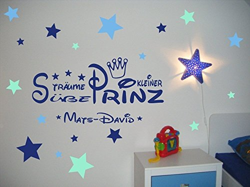 timalo® XXL Wandtattoo mit Namen fürs Kinderzimmer ~ Text: Süße Träume kleiner Prinz + Krone, Sterne Tricolore blau - und Babyname für Jungen, Buben ~ 68025-120x58 cm Wandaufkleber Wandtatoos Sticker