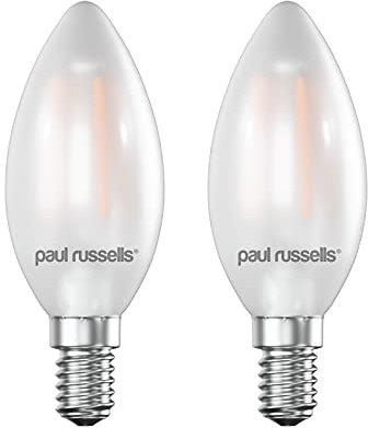 paul russells Small Edison Screw LED Filament Pearl Frosted Candle E14 Light, 25w Equivalent Replacement 2.5W 250LM 2700K Warm White C35 Bulbs, Ceiling Fittings Chandelier Energy Saving, Pack of 2
