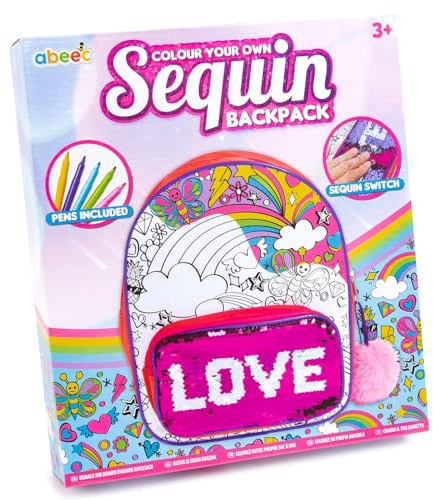 abeec Colour Your Own Backpack - Design Your Own Backpack with Sequin Front Pocket and Coloured Pens - Arts and Crafts Activity Set Colour Your Own Bag for Girls 6+