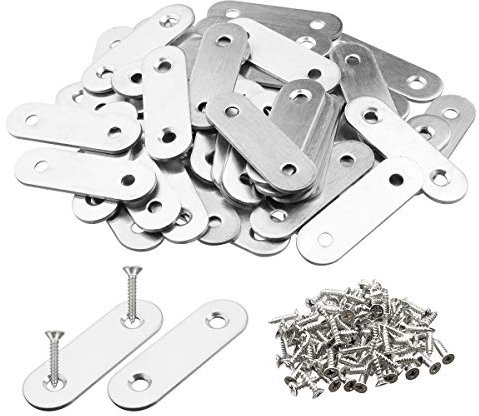 TOPPROS Paquete de 50 placas planas de unión de metal con tornillos de fijación (1.57 x 0.67 x 0.08 pulgadas), 2 agujeros, acero inoxidable, color plateado