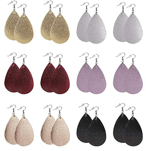 Kunstleder Ohrringe Leichte Leder Ohrringe Träne Baumeln Lederohrringe Kunstleder-Blattohrringe für Frauen Mädchen 12 Paar (6 Farben)