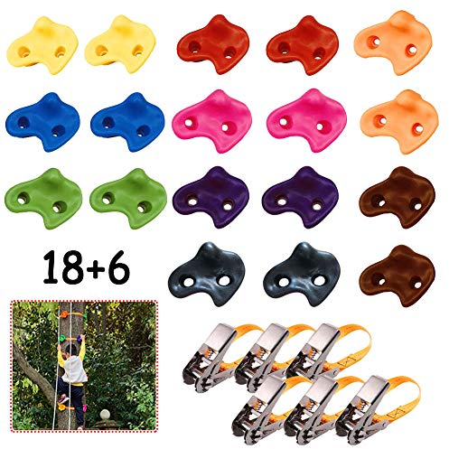 DFGENLY Rock Climbing Holds for Kids, Ninja Climbing Holds for Trees with 18 Non-slip Hand Grip and 6 Ratchet Rope for Backyard or Playground Accessories for Warrior Obstacle Course