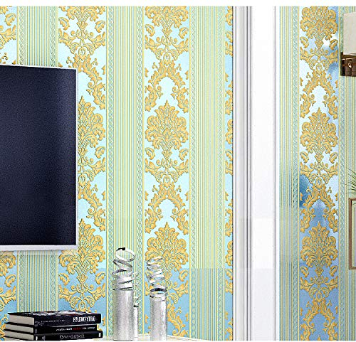 Prior.choice 9.5X0.53M Vintage Luxury Stripes Gold Damask 6 Colors Embossed Textured Non-Woven Wallpaper Roll for Bedroom Livingroom 1.73' W x 31.2' L=5.035㎡ (54sq.ft) (Blue)