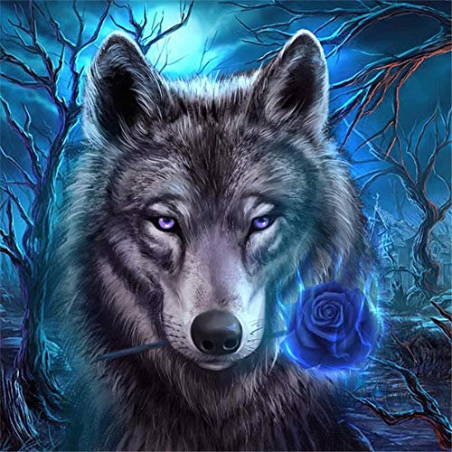 DIY Diamant Malerei Set Voll drill für Erwachsene Kinder Wolf und Blume 5D Diamant Painting Bilder Kit Strass Kreuzstich Diamond Stickerei Kunst Handwerk für Home Wall Dekoration-Square drill,40x40cm