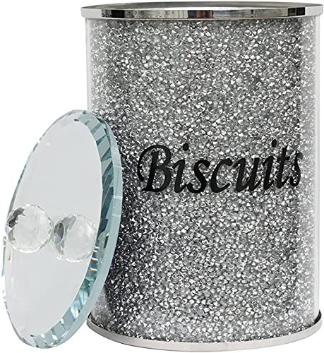 Glamified Diamond Crushed Silver Biscuit Canister Jar Tin Silver Trimmings Crystal Filled, Kitchen Storage