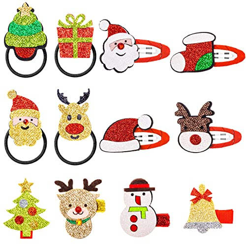 MELLIEX 12 Stück Weihnachten Haarschmuck, Glitter Weihnachts Haarspangen Haargummis Karikatur Snap Haarklammern für Mädchen Kinder