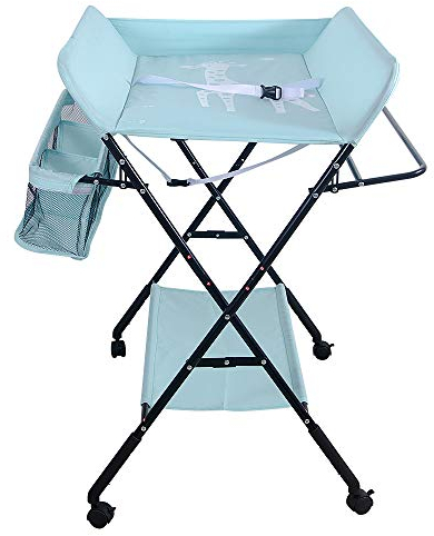 Klappbarer Wickeltisch, Tragbarer Wickelkommode, Wickelauflage mit Sicherheitsgurt, Wickelkombination, Platzsparend, Höhenverstellbar, Blau-schwarz, 66×80×(92-98) cm mit Rollen