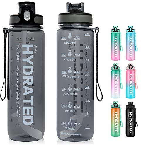 MYFOREST 1000ml/32oz Sports Water Bottle, Time Marker for Motivational Hydration, Drop-proof, BPA-free, Wide Mouth for Easy Clean: Cold/Hot/Carbonated/Cider