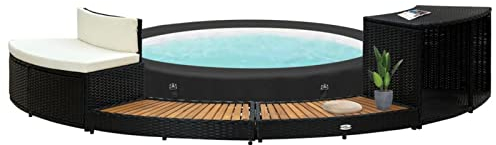 MOONAIRY Whirlpool, Hot Tub, Stahlwandpool Komplettset, Spa, Poolumrandung, Whirlpool Umrandung Rund, Schwarz, Poly Rattan und Akazienholz, Freizeit- und Entspannungsaktivitäten im Freien