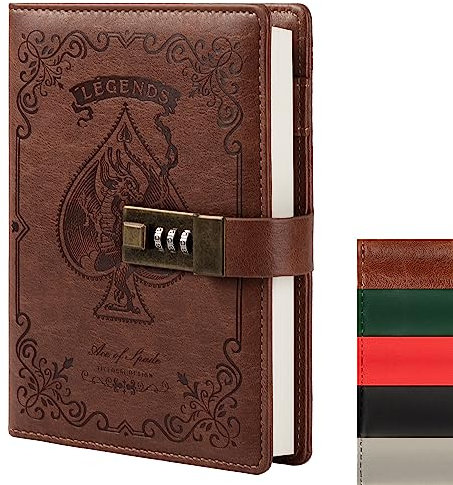 TIEFOSSI Quaderno in pelle con lucchetto a combinazione, diario con serratura a forma di leggenda misteriosa per adulti, ragazzi, ragazze, bambini, uomini, donne, password segrete ricaricabili