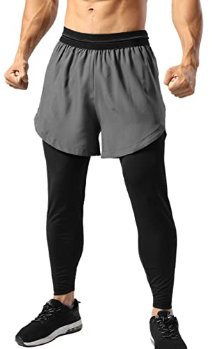 Muscle Alive Herren 2 in 1 Kompressions Leggings Laufhosen Workout Shorts Handytaschen Jogginghose Hosen