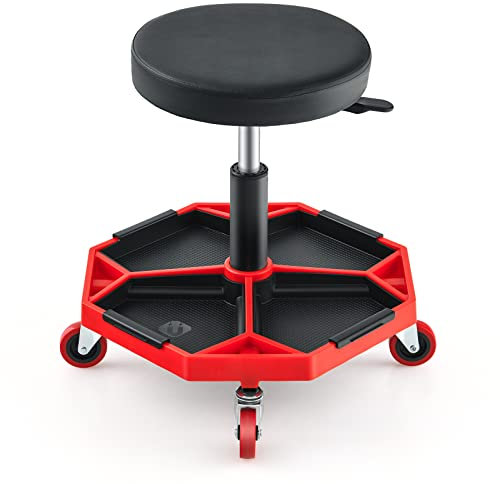 TANGZON 150KG Pneumatic Rolling Mechanic Stool, 41CM-55CM Height Adjustable & 360° Swivel Roller Creeper Seat with Removable Tool Tray and Wheels, Heavy Duty Padded Garage Workshop Stool