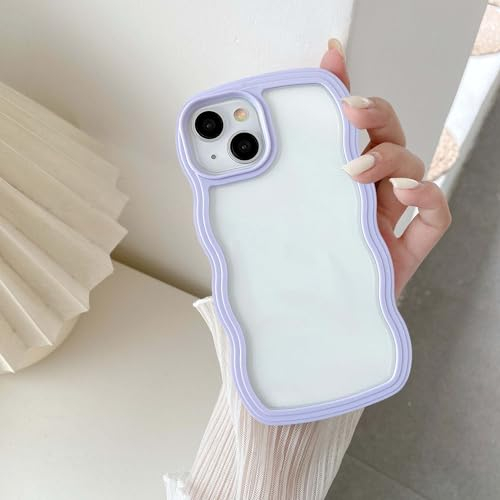 UEEBAI Case for iPhone 13 iPhone 14 Case 6.1 inch, Cute Clear Wave Wavy Frame Slim Fit Shockproof protective Phone Bumper Cover Translucent Soft Pretty Simple TPU Case for girls women - Purple
