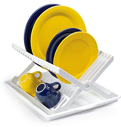 CABLEPELADO Escurreplatos Plegable de plastico con Bandeja, Secaplatos Plegable plástico con Bandeja, Soporte para Platos Plegable de plástico, 37 cm de Largo, 33 cm de Fondo y 21 cm de Alto, Blanco