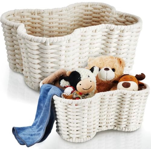 Barydat 2 Pcs Dog Toy Basket Dog Toy Bin Bone Shaped Handmade Pet Organizer for Pet White Cotton Rope Basket (16.5 x 12.4 x 6.89 and 13.39 x 9.25 x 5.4)
