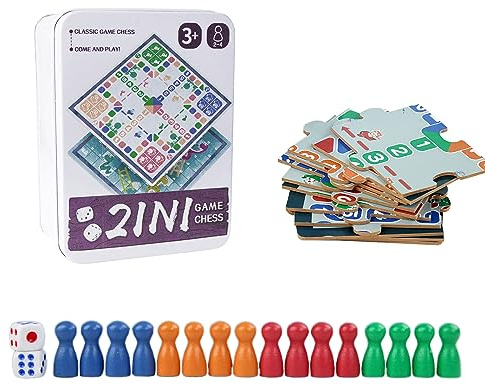 Andux 3-in-1 Flying Chess Game Set Jigsaw Chessboard Interactive Game in a Storage Tin THYX-01 (Flying Chess+Snake Chess+Jigsaw Chessboard)