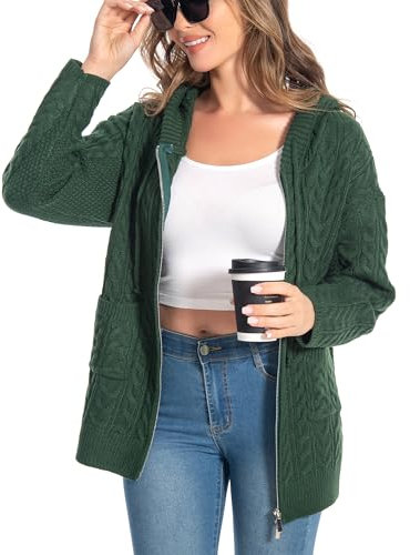 shineflow Donne con Cappuccio Facile Oversize Cavo Cerniera Cappotto Cardigan a Maglia Maglia Tinta Unita Maglione Casual (Verde Scuro,M)