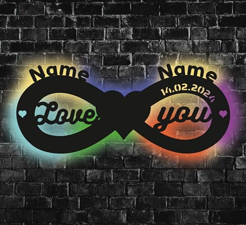 Waluna® Led Liebesgeschenk zum Valentinstag Unendlichkeitszeichen Hochzeitsgeschenk personalisiert mit zwei Namen Deko Love You Schlummerlicht in 12 Holzarben
