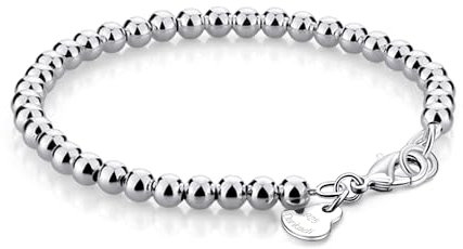 Dankadi Bracelet de Perles pour Femme en Argent 925 Large de 4MM 6MM Sans et Avec Pendentif Coeur, Long 13-21CM Doré Or Rose Cadeau Fête Maman Fille Homme (21CM, Argent 4MM Sans Pendentif)
