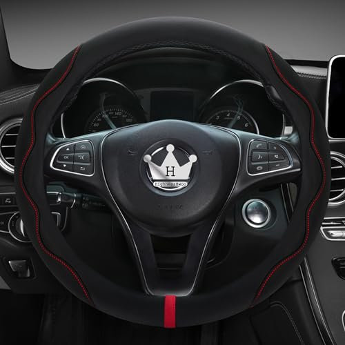 HighnessHwoo Luxuriöser Suede Auto Lenkradbezug, Komfort Lenkradabdeckung, weiches Leder, gepolsterte Räderabdeckung für Limousine, SUV, dünne Auto Griff Abdeckungen, Universelle, 37-38cm, Schwarz