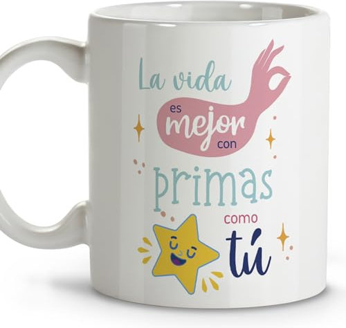 LolaPix Mejores primas. Tazas de cafe. Taza mensaje. Regalos para primas. Taza cerámica 330 ml.